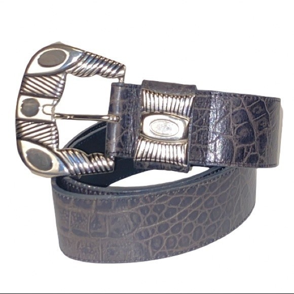 90s MZ New York Western Belt Top Grain Leather Brown lined Silver Buckle size L main image 12